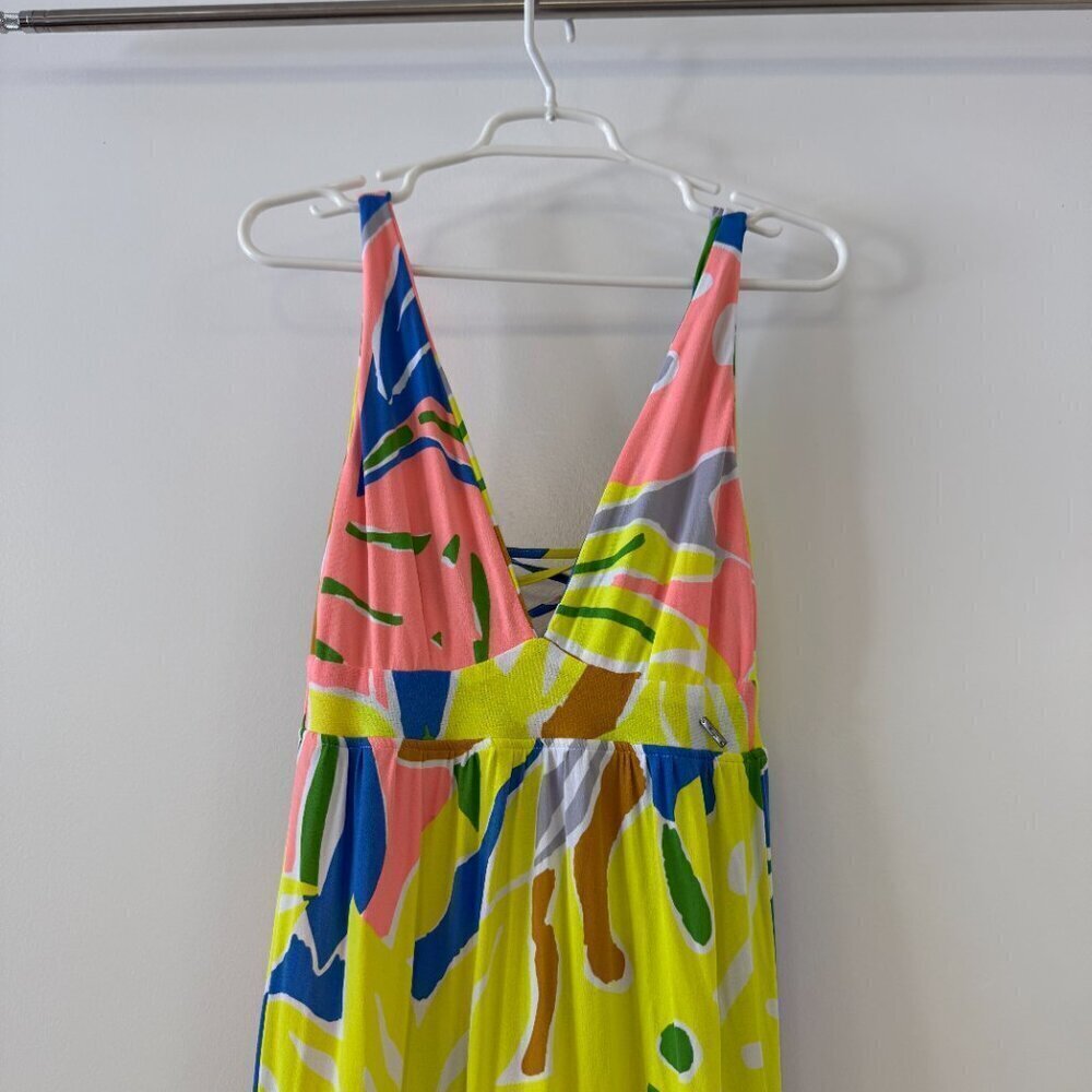 Maaji Marea Pink, Yellow, Blue Neon Deep Plunge Tiered Maxi Dress - Picture 3 of 6